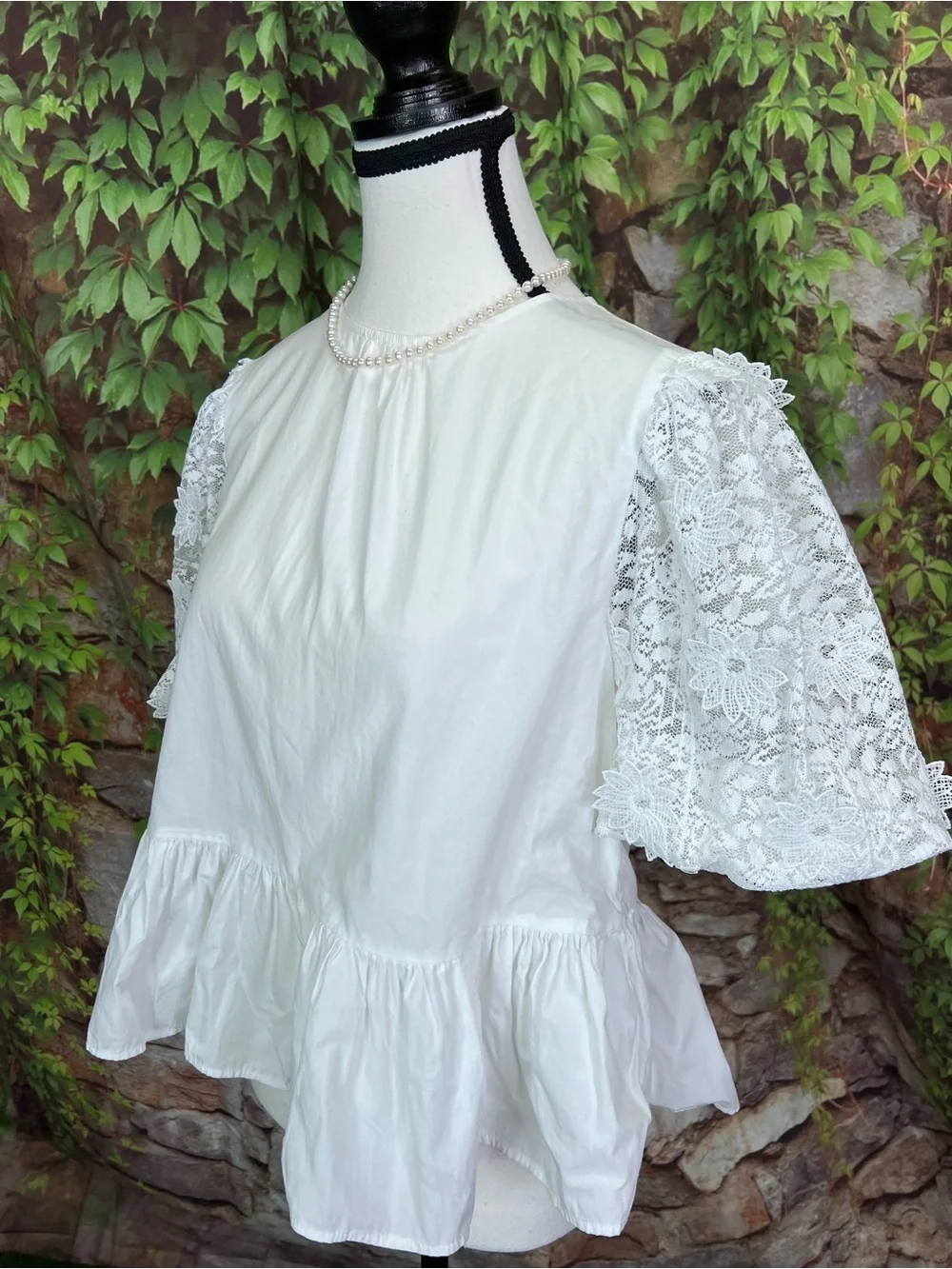 ZARA White Coastal Prep Feminine Lace Puff Sleeve Romantic Peplum Blouse, S